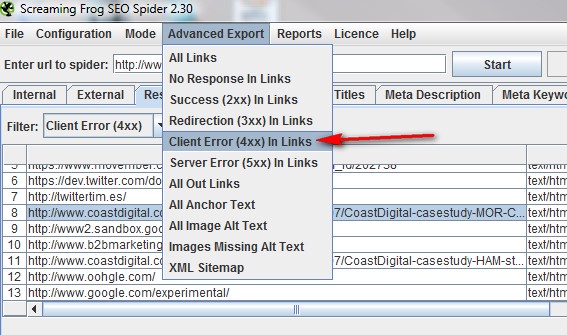 Screaming Frog Export 404 Pages 