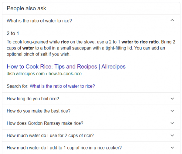 Google "People also ask" example within the SERPs