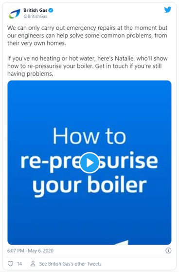 British Gas tweet during first lockdown supporting people in their own homes