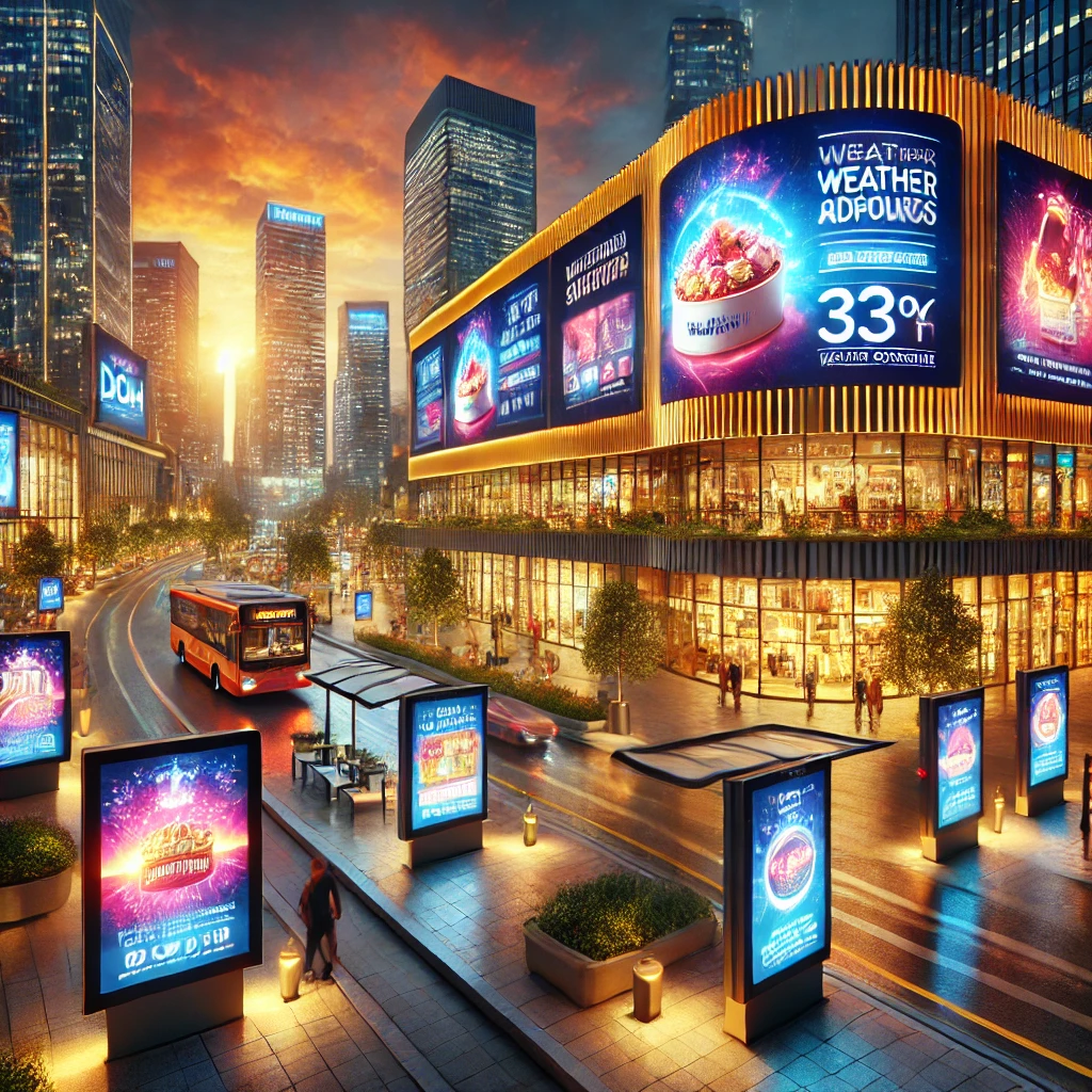 A busy city with digital billboards advertising products.