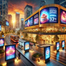 A busy city with digital billboards advertising products.