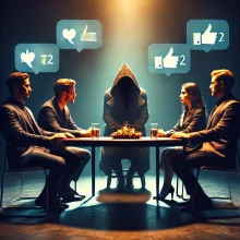 A dramatic scene inspired by The Traitors, 'The Traitors' TV show. A group of contestants sit around a dimly lit round table, casting suspicious glance.