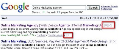 Screenshot of Google search results showing SearchWiki features 