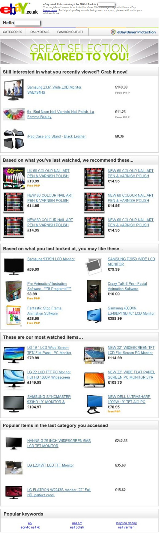 Ebay's 'Great Selection Tailored to You' email