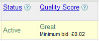 Screenshot of Google quality score information